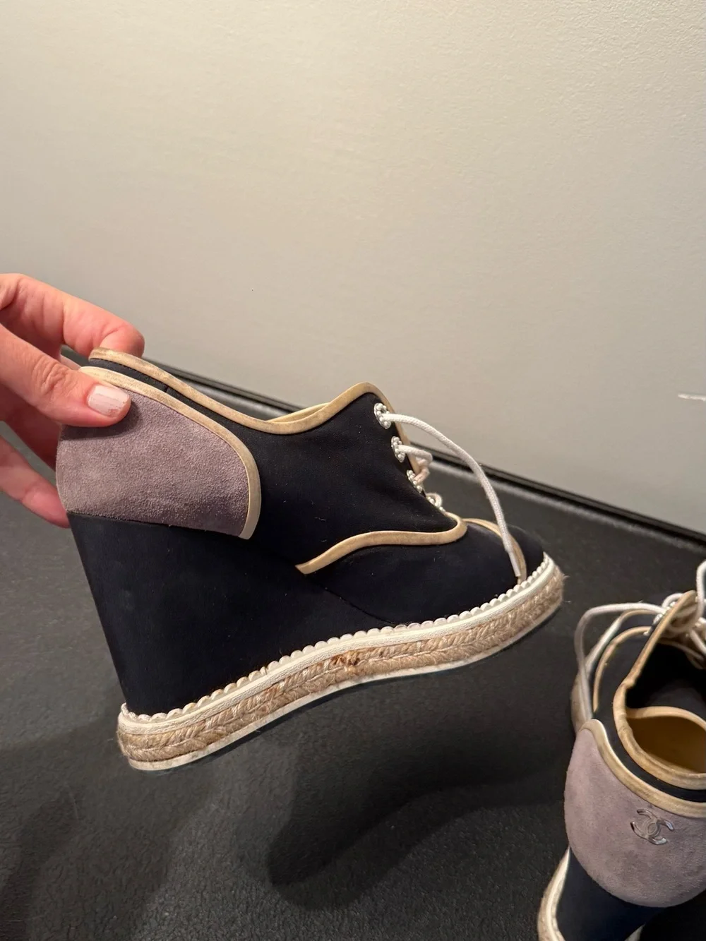 CHANEL Black Espadrille Lace-Up Platform Shoes with Beige Trim